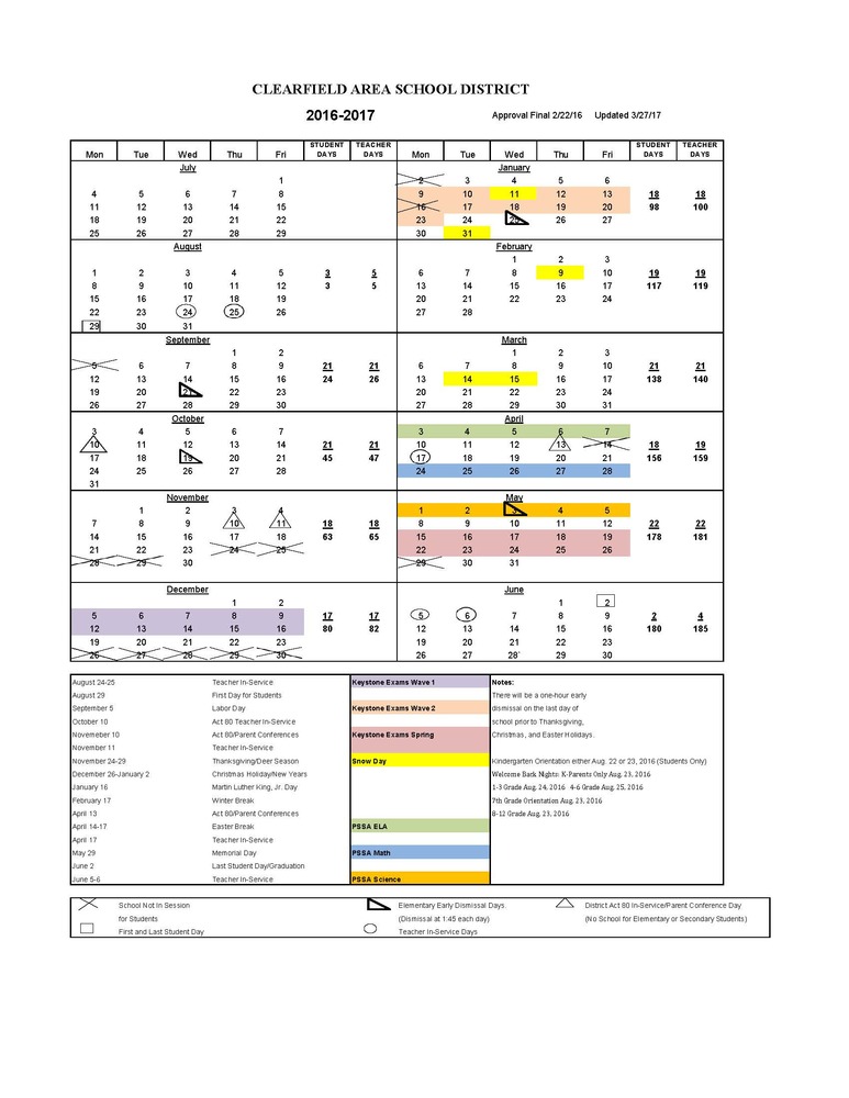 Updated School Calendar! Clearfield Area School District