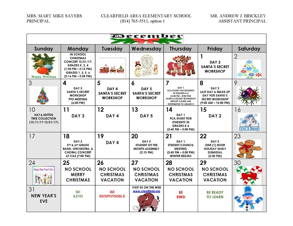 December Events Calendar Clearfield Area Elementary
