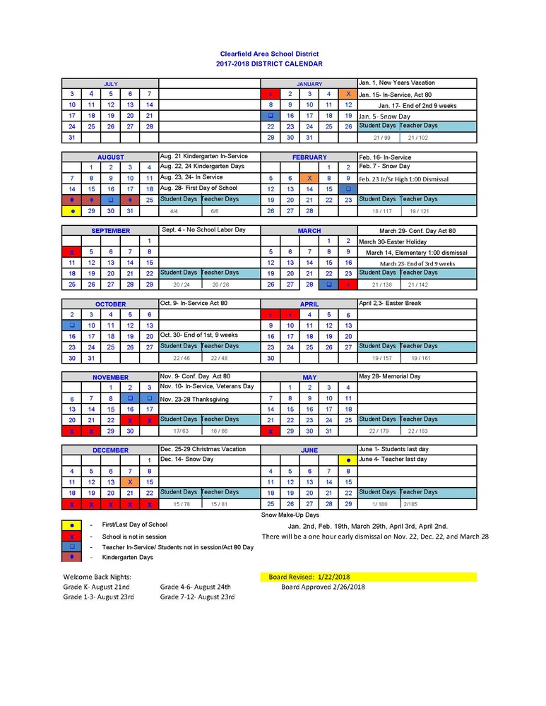 Revised 201718 District School Calendar Clearfield Area School District