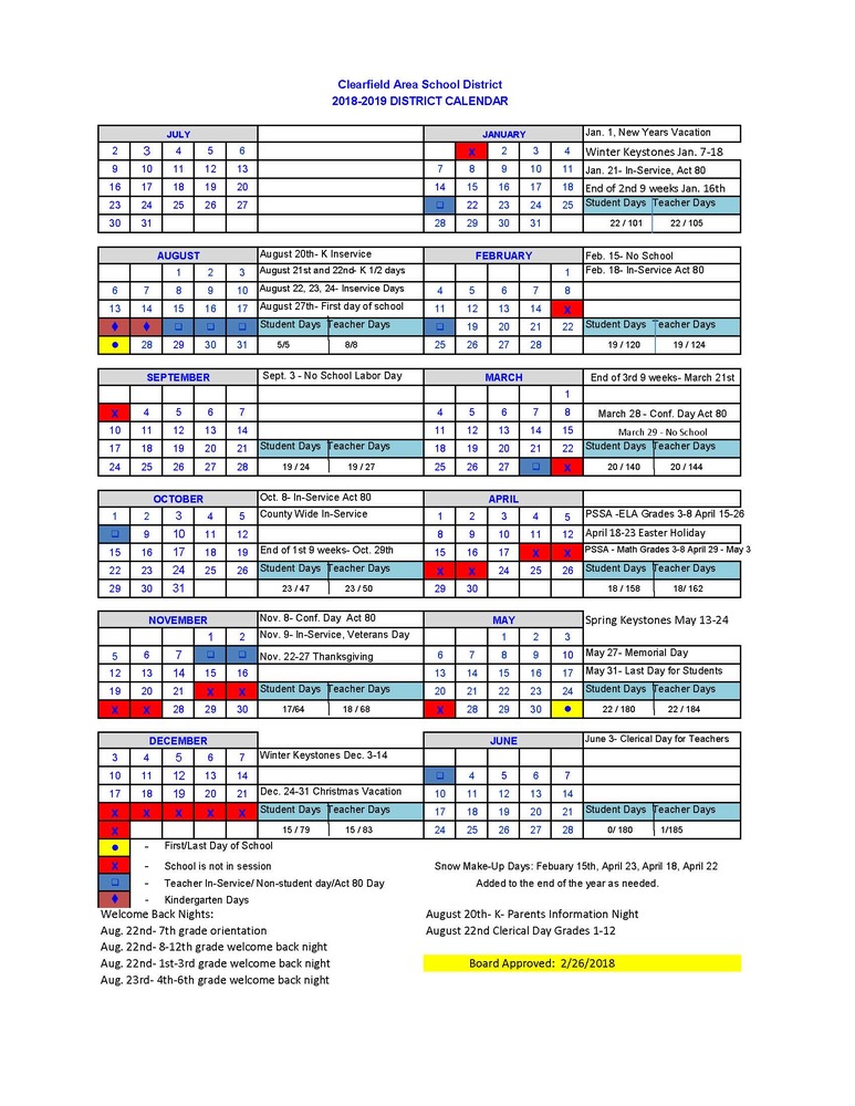 201819 District School Calendar Clearfield Area School District