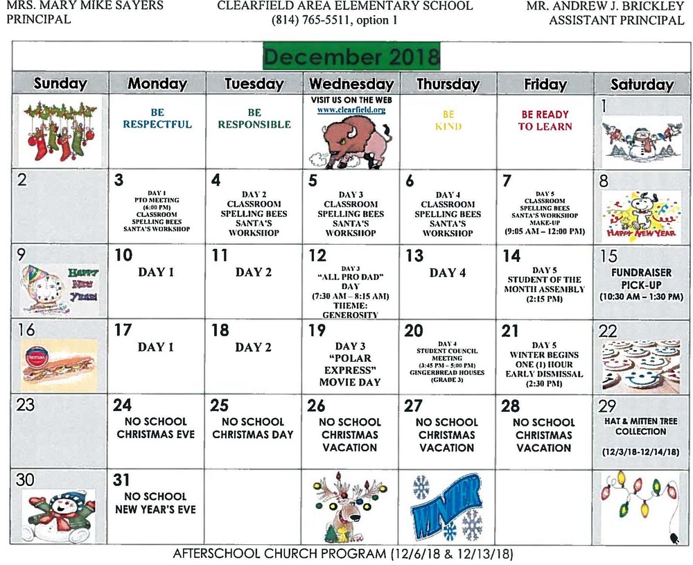 Clearfield Area Elementary December Calendar of Events
