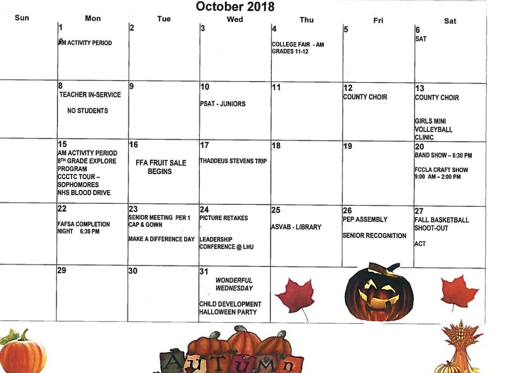 October High School Events Calendar Clearfield Area JrSr High School