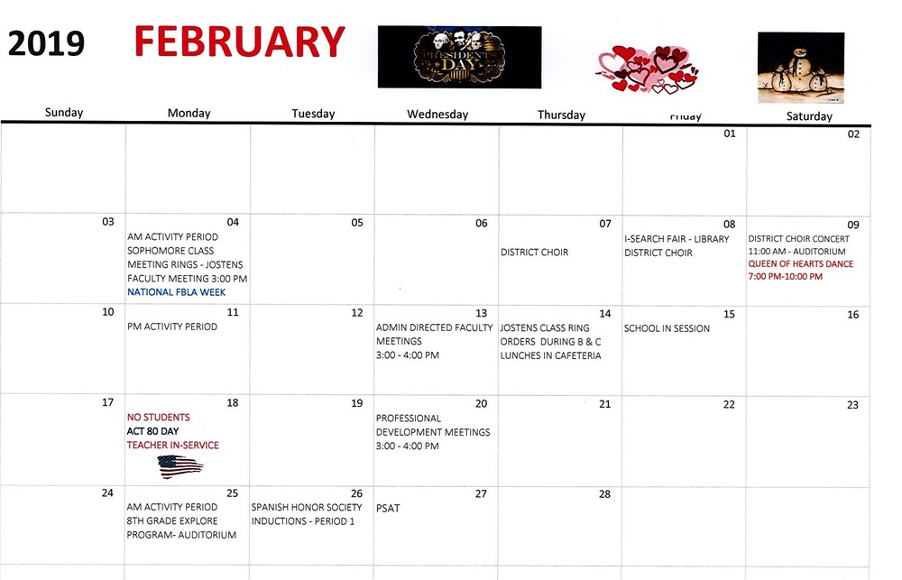 Clearfield Area Junior/ Senior High February Events Calendar