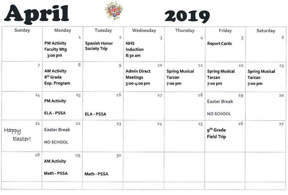 Junior/ Senior High School April Calendar of Events Clearfield Area