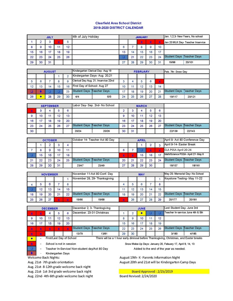 Revised 201920 District Calendar Clearfield Area School District