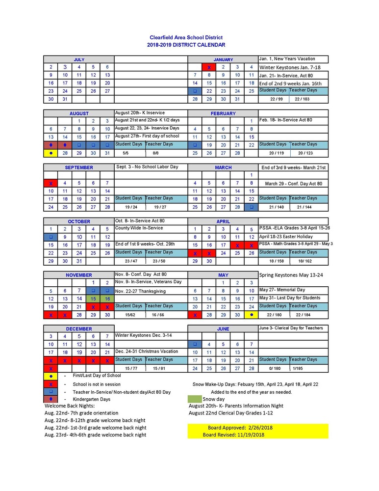 Revised 2018-19 District Calendar