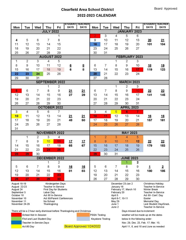 20222023 School Calendar Clearfield Area School District