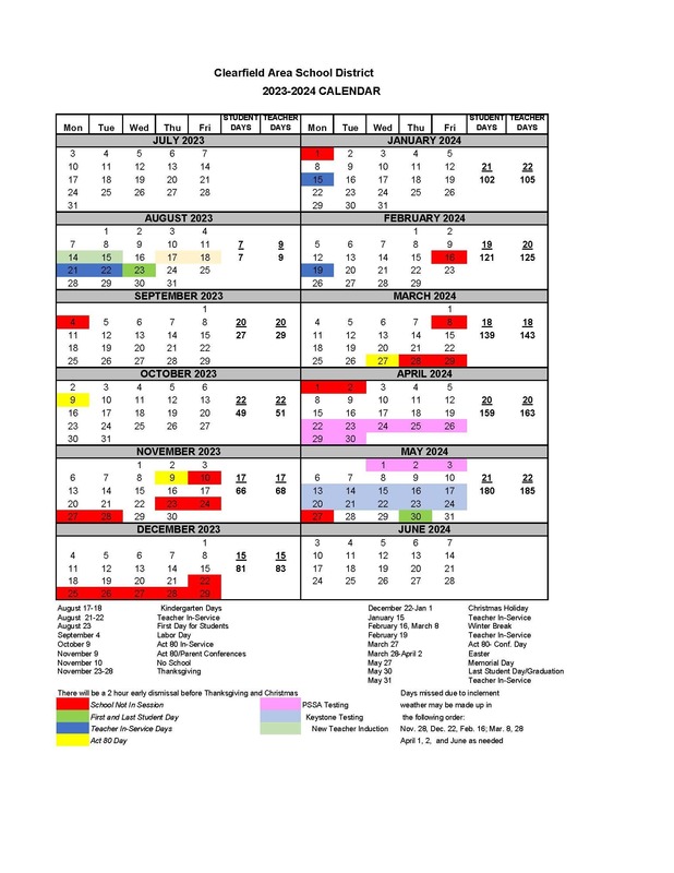 Approved 2023-2024 Calendar | Clearfield Area School District